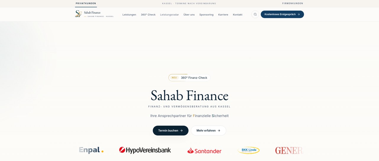 Sahab Finance · Premium-Auftritt mit 360°-Finanz-Check